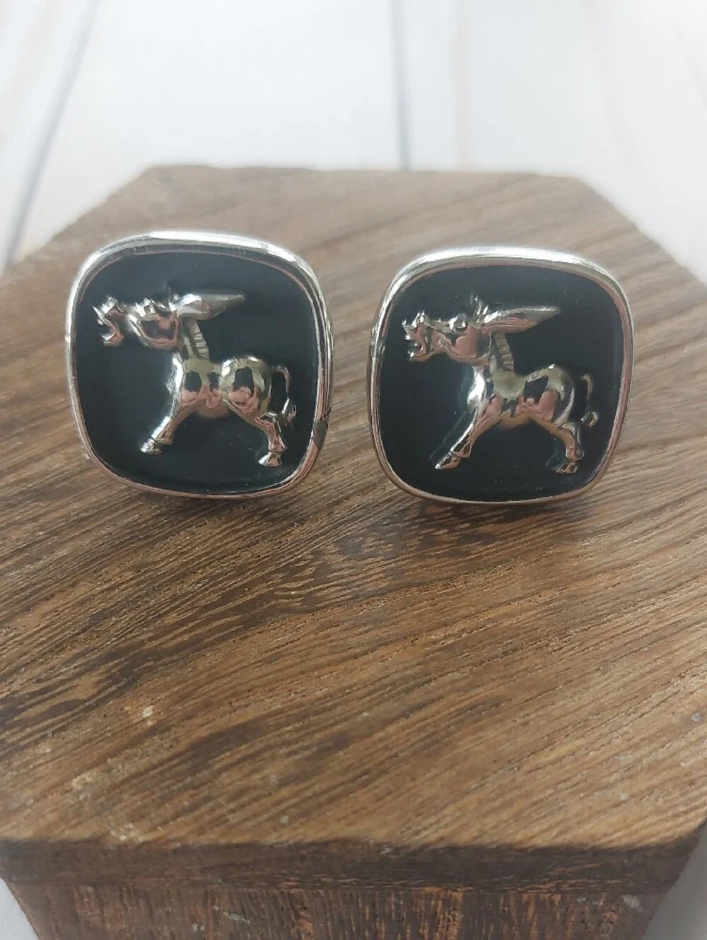 Silver-Tone Black Enamel Donkey Cufflinks